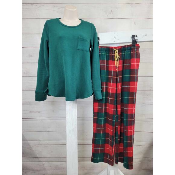 SMALL GREEN/TARTAN A616990 Cuddl Duds Regular Fleecewear with Stretch Pajama Set - Picture 1 of 2